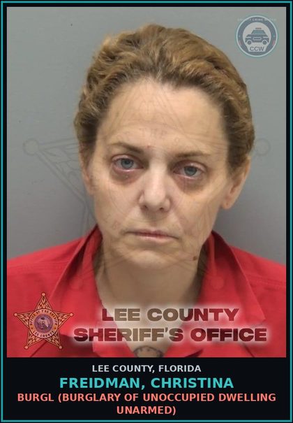 CCW arrest card for FREIDMAN, CHRISTINA in Lee County: BURGL  (BURGLARY OF UNOCCUPIED DWELLING UNARMED)