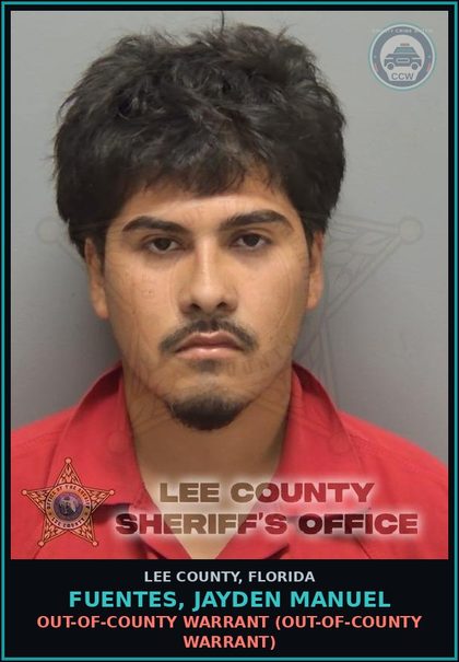CCW arrest card for FUENTES, JAYDEN MANUEL in Lee County: OUT-OF-COUNTY WARRANT  (OUT-OF-COUNTY WARRANT)