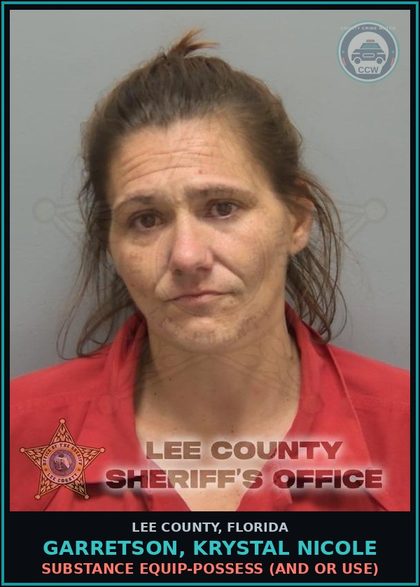 CCW arrest card for GARRETSON, KRYSTAL NICOLE in Lee County: DRUG EQUIP-POSSESS  (AND OR USE)