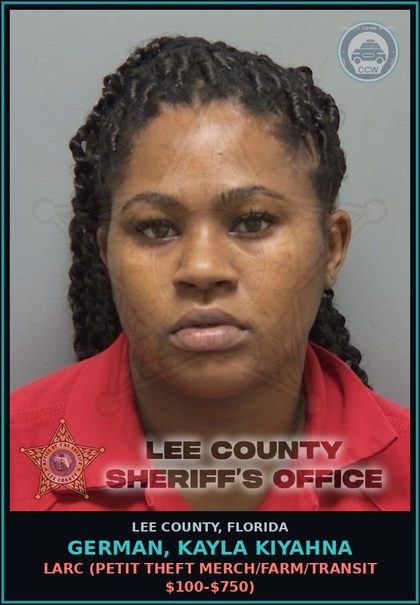 CCW arrest card for GERMAN, KAYLA KIYAHNA in Lee County: LARC  (PETIT THEFT MERCH/FARM/TRANSIT $100-$750)