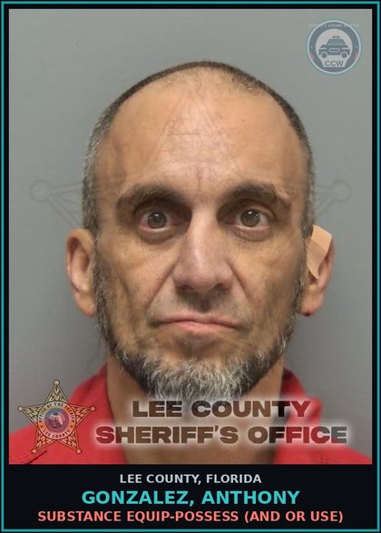 CCW arrest card for GONZALEZ, ANTHONY in Lee County: DRUG EQUIP-POSSESS  (AND OR USE)