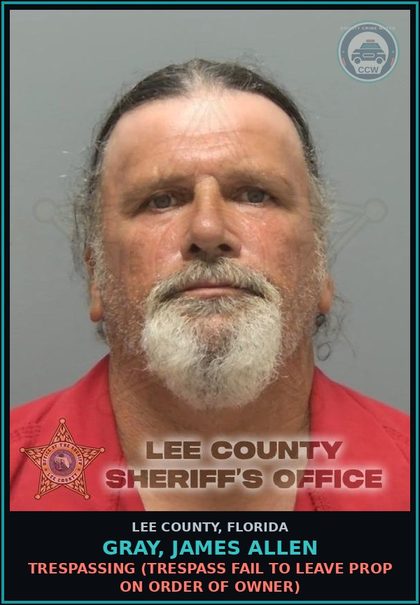 CCW arrest card for GRAY, JAMES ALLEN in Lee County: TRESPASSING  (TRESPASS FAIL TO LEAVE PROP ON ORDER OF OWNER)