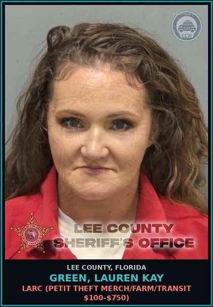 CCW arrest card for GREEN, LAUREN KAY in Lee County: LARC  (PETIT THEFT MERCH/FARM/TRANSIT $100-$750)