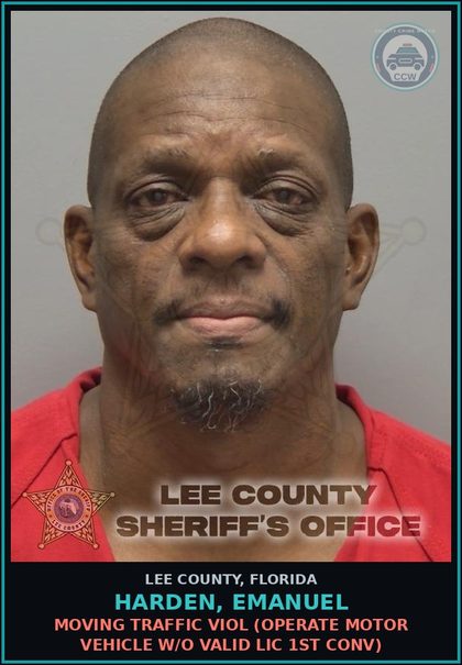 CCW arrest card for HARDEN, EMANUEL in Lee County: MOVING TRAFFIC VIOL  (OPERATE MOTOR VEHICLE W/O VALID LIC 1ST CONV)
