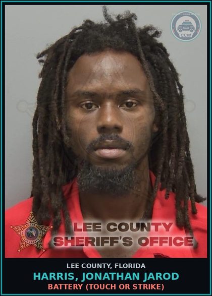 CCW arrest card for HARRIS, JONATHAN JAROD in Lee County: BATTERY  (TOUCH OR STRIKE)