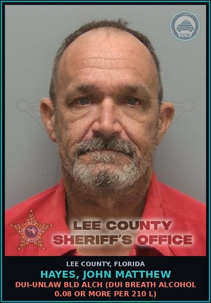 CCW arrest card for HAYES, JOHN MATTHEW in Lee County: DUI-UNLAW BLD ALCH  (DUI BREATH ALCOHOL 0.08 OR MORE PER 210 L)