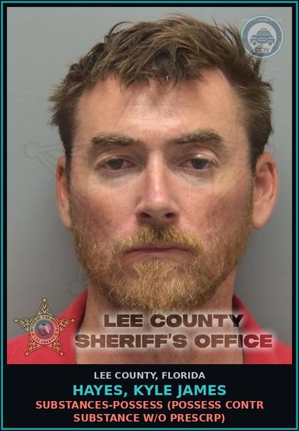 CCW arrest card for HAYES, KYLE JAMES in Lee County: DRUGS-POSSESS  (POSSESS contr substance W/O PRESCRIPTION)