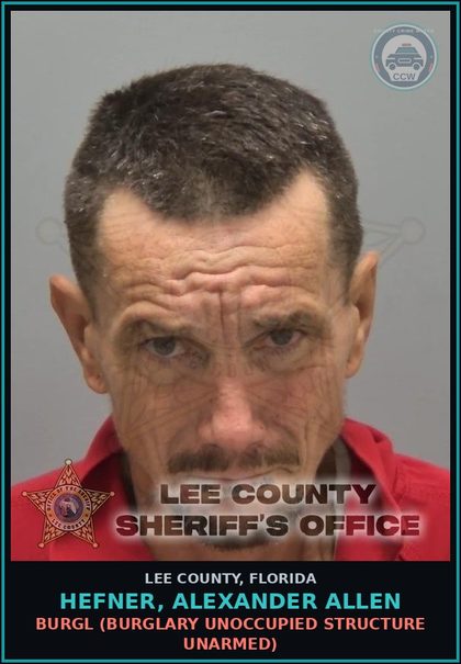CCW arrest card for HEFNER, ALEXANDER ALLEN in Lee County: BURGL  (BURGLARY UNOCCUPIED STRUCTURE UNARMED)