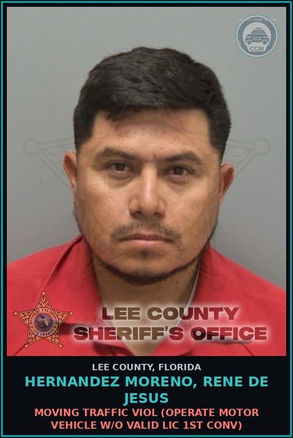 CCW arrest card for HERNANDEZ MORENO, RENE DE JESUS in Lee County: MOVING TRAFFIC VIOL  (OPERATE MOTOR VEHICLE W/O VALID LIC 1ST CONV)