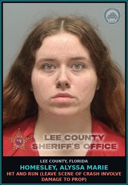 CCW arrest card for HOMESLEY, ALYSSA MARIE in Lee County: HIT AND RUN  (LEAVE SCENE OF CRASH INVOLVE DAMAGE TO PROP)