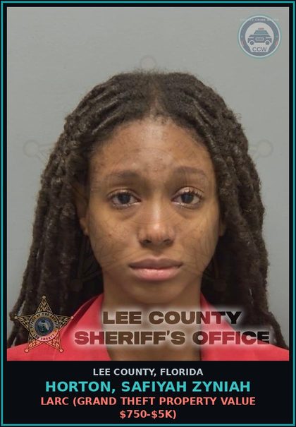 CCW arrest card for HORTON, SAFIYAH ZYNIAH in Lee County: LARC  (GRAND THEFT PROPERTY VALUE $750-$5K)