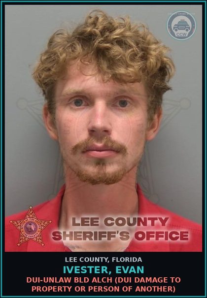 CCW arrest card for IVESTER, EVAN in Lee County: DUI-UNLAW BLD ALCH  (DUI DAMAGE TO PROPERTY OR PERSON OF ANOTHER)