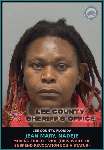 CCW arrest card for JEAN MARY, NADEJE in Lee County: MOVING TRAFFIC VIOL  (DRIV WHILE LIC SUSPEND REVOCATION EQUIV STATUS)