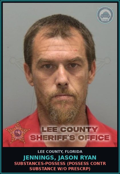 CCW arrest card for JENNINGS, JASON RYAN in Lee County: DRUGS-POSSESS  (POSSESS contr substance W/O PRESCRIPTION)