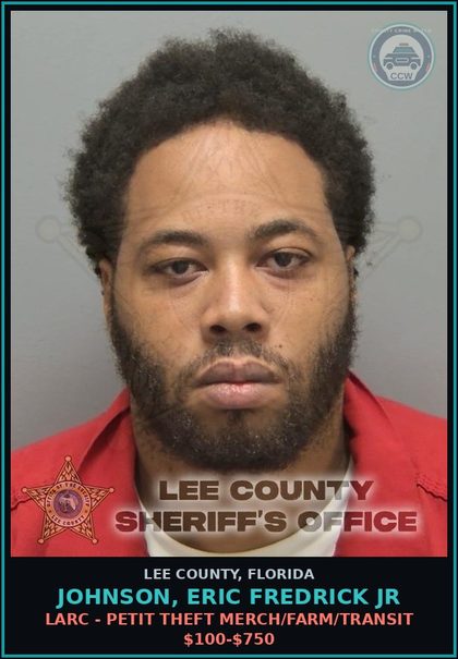 CCW arrest card for JOHNSON, ERIC FREDRICK JR in Lee County: LARC - PETIT THEFT MERCH/FARM/TRANSIT $100-$750