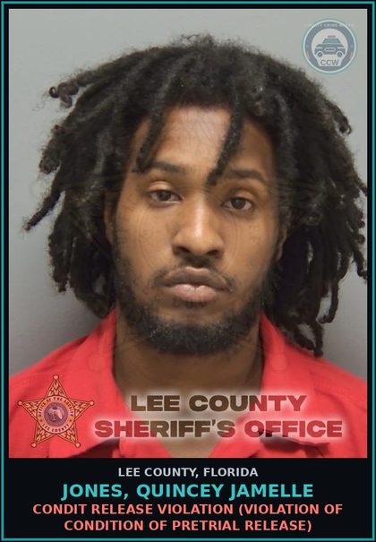 CCW arrest card for JONES, QUINCEY JAMELLE in Lee County: CONDIT RELEASE VIOLATION  (VIOLATION OF CONDITION OF PRETRIAL RELEASE)