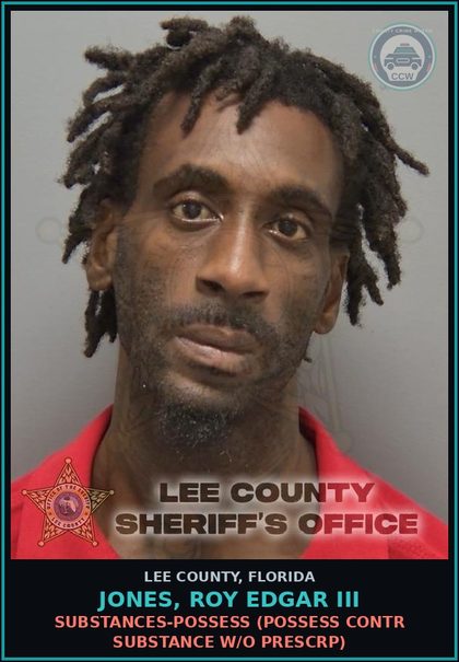 CCW arrest card for JONES, ROY EDGAR III in Lee County: DRUGS-POSSESS  (POSSESS contr substance W/O PRESCRIPTION)