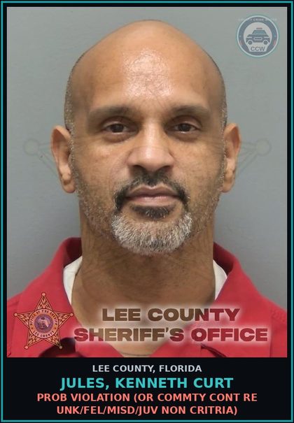 CCW arrest card for JULES, KENNETH CURT in Lee County: PROB VIOLATION  (OR COMMTY CONT RE UNK/FEL/MISD/JUV NON CRITRIA)