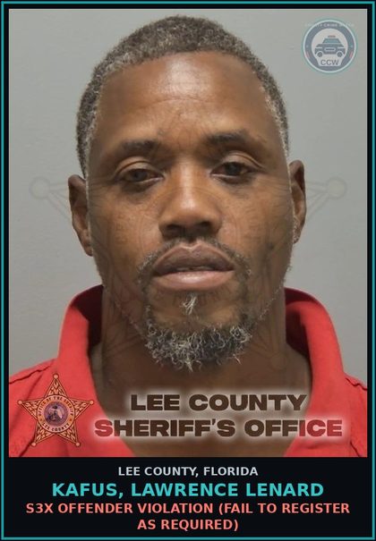 CCW arrest card for KAFUS, LAWRENCE LENARD in Lee County: s3x OFFENDER VIOLATION  (FAIL TO REGISTER AS REQUIRED)
