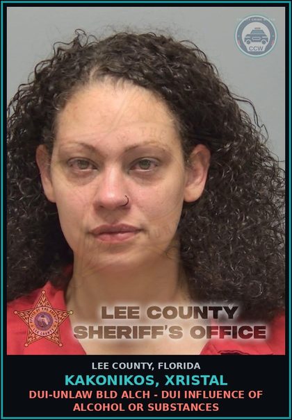 CCW arrest card for KAKONIKOS, XRISTAL in Lee County: DUI-UNLAW BLD ALCH - DUI INFLUENCE OF ALCOHOL OR DRUGS