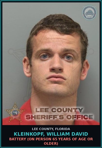 CCW arrest card for KLEINKOPF, WILLIAM DAVID in Lee County: BATTERY  (ON PERSON 65 YEARS OF AGE OR OLDER)