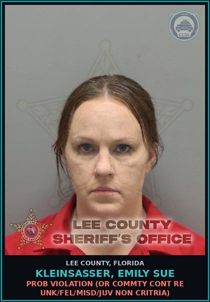 CCW arrest card for KLEINSASSER, EMILY SUE in Lee County: PROB VIOLATION  (OR COMMTY CONT RE UNK/FEL/MISD/JUV NON CRITRIA)