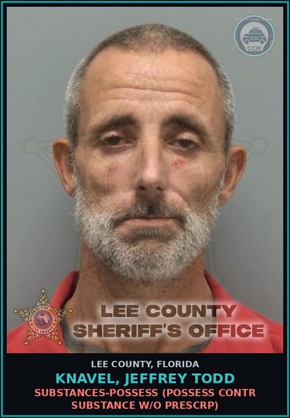 CCW arrest card for KNAVEL, JEFFREY TODD in Lee County: DRUGS-POSSESS  (POSSESS contr substance W/O PRESCRIPTION)