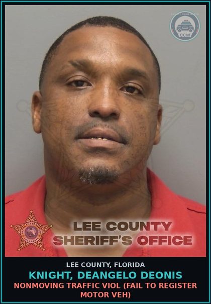 CCW arrest card for KNIGHT, DEANGELO DEONIS in Lee County: NONMOVING TRAFFIC VIOL  (FAIL TO REGISTER MOTOR VEH)