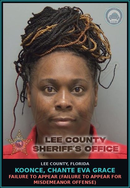 CCW arrest card for KOONCE, CHANTE EVA GRACE in Lee County: FAILURE TO APPEAR  (FAILURE TO APPEAR FOR MISDEMEANOR OFFENSE)