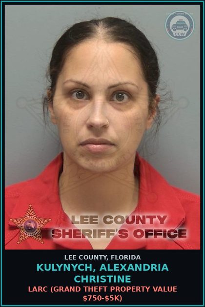 CCW arrest card for KULYNYCH, ALEXANDRIA CHRISTINE in Lee County: LARC  (GRAND THEFT PROPERTY VALUE $750-$5K)