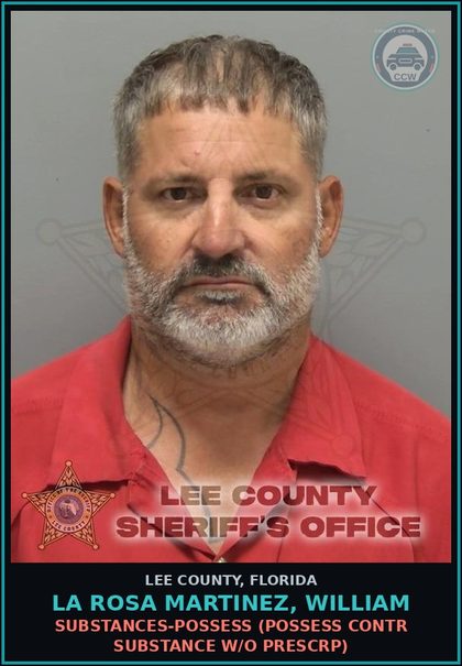 CCW arrest card for LA ROSA MARTINEZ, WILLIAM in Lee County: DRUGS-POSSESS  (POSSESS contr substance W/O PRESCRIPTION)