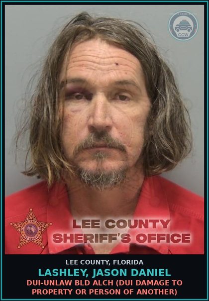CCW arrest card for LASHLEY, JASON DANIEL in Lee County: DUI-UNLAW BLD ALCH  (DUI DAMAGE TO PROPERTY OR PERSON OF ANOTHER)