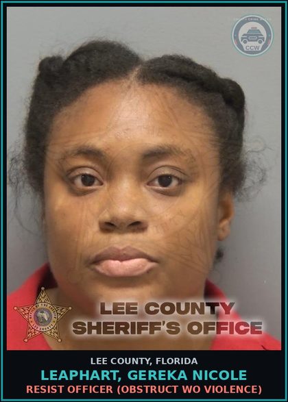 CCW arrest card for LEAPHART, GEREKA NICOLE in Lee County: RESIST OFFICER  (OBSTRUCT WO VIOLENCE)