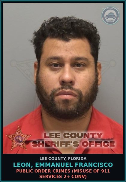 CCW arrest card for LEON, EMMANUEL FRANCISCO in Lee County: PUBLIC ORDER CRIMES  (MISUSE OF 911 SERVICES 2+ CONV)