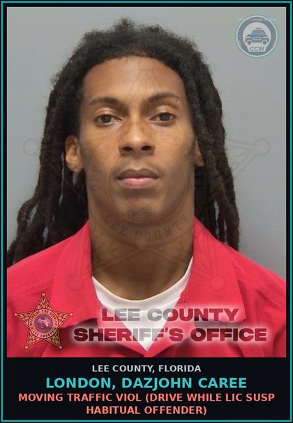 CCW arrest card for LONDON, DAZJOHN CAREE in Lee County: MOVING TRAFFIC VIOL  (DRIVE WHILE LIC SUSP HABITUAL OFFENDER)