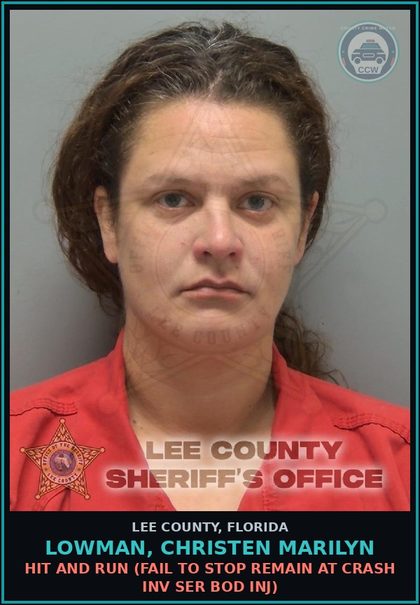 CCW arrest card for LOWMAN, CHRISTEN MARILYN in Lee County: HIT AND RUN  (FAIL TO STOP REMAIN AT CRASH INV SER BOD INJ)