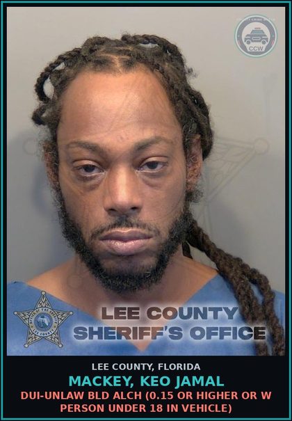 CCW arrest card for MACKEY, KEO JAMAL in Lee County: DUI-UNLAW BLD ALCH  (0.15 OR HIGHER OR W PERSON UNDER 18 IN VEHICLE)