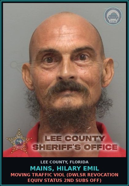 CCW arrest card for MAINS, HILARY EMIL in Lee County: MOVING TRAFFIC VIOL  (DWLSR REVOCATION EQUIV STATUS 2ND SUBS OFF)