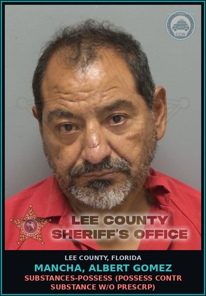 CCW arrest card for MANCHA, ALBERT GOMEZ in Lee County: DRUGS-POSSESS  (POSSESS contr substance W/O PRESCRIPTION)