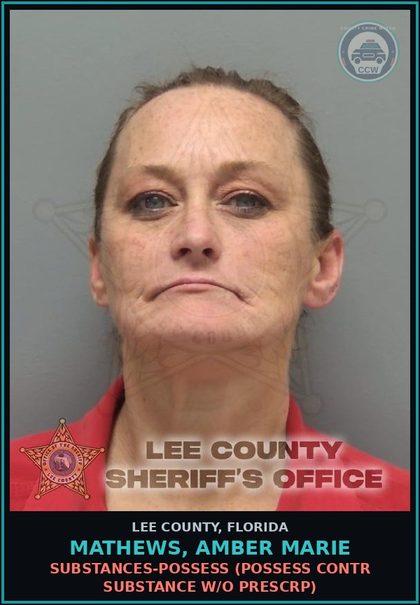 CCW arrest card for MATHEWS, AMBER MARIE in Lee County: DRUGS-POSSESS  (POSSESS contr substance W/O PRESCRIPTION)
