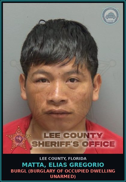 CCW arrest card for MATTA, ELIAS GREGORIO in Lee County: LEWD LASCV BEHAVIOR  (CONDUCT BY PERSON 18YOA OR OLDER)