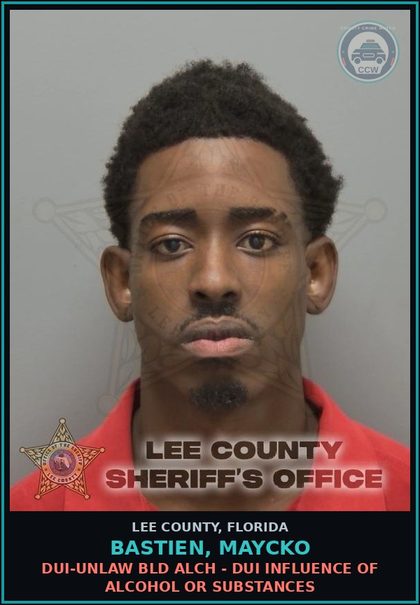 CCW arrest card for BASTIEN, MAYCKO in Lee County: DUI-UNLAW BLD ALCH - DUI INFLUENCE OF ALCOHOL OR DRUGS