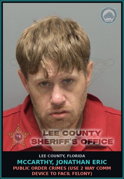 CCW arrest card for MCCARTHY, JONATHAN ERIC in Lee County: DRUGS-SELL  (SELL contr substance SCHEDULE II)