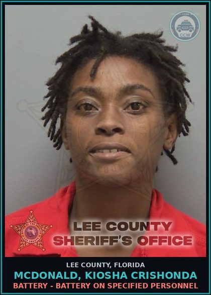 CCW arrest card for MCDONALD, KIOSHA CRISHONDA in Lee County: BATTERY - BATTERY ON SPECIFIED PERSONNEL