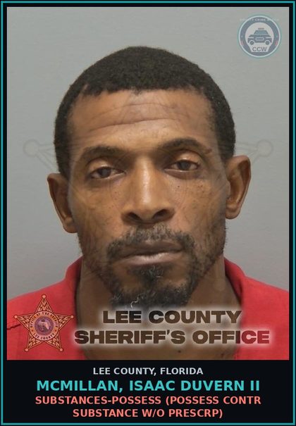 CCW arrest card for MCMILLAN, ISAAC DUVERN II in Lee County: DRUGS-POSSESS  (POSSESS contr substance W/O PRESCRIPTION)