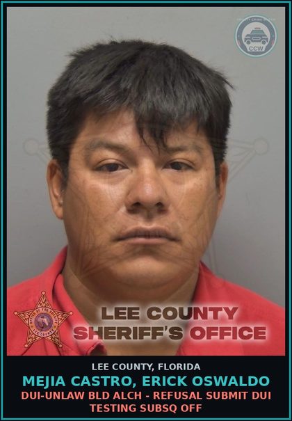 CCW arrest card for MEJIA CASTRO, ERICK OSWALDO in Lee County: RESIST OFFICER - OBSTRUCT W/O VIOLENCE