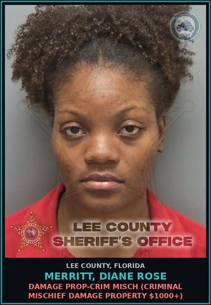 CCW arrest card for MERRITT, DIANE ROSE in Lee County: DAMAGE PROP-CRIM MISCH  (CRIMINAL MISCHIEF DAMAGE PROPERTY $1000+)