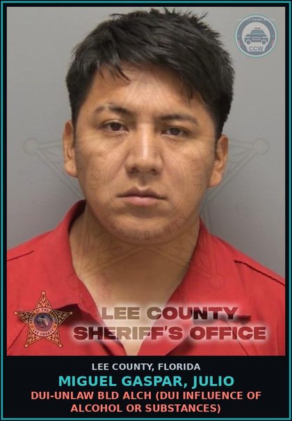 CCW arrest card for MIGUEL GASPAR, JULIO in Lee County: DUI-UNLAW BLD ALCH  (DUI INFLUENCE OF ALCOHOL OR DRUGS)