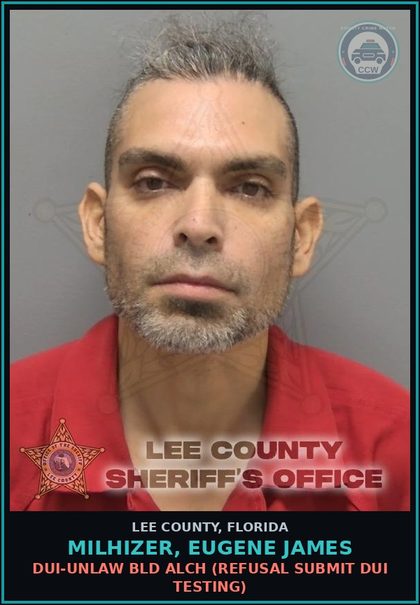 CCW arrest card for MILHIZER, EUGENE JAMES in Lee County: DRUGS-POSSESS  (POSSESS contr substance W/O PRESCRIPTION)