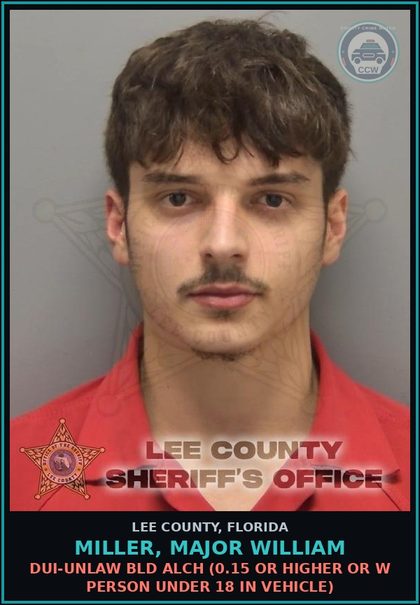 CCW arrest card for MILLER, MAJOR WILLIAM in Lee County: DUI-UNLAW BLD ALCH  (0.15 OR HIGHER OR W PERSON UNDER 18 IN VEHICLE)